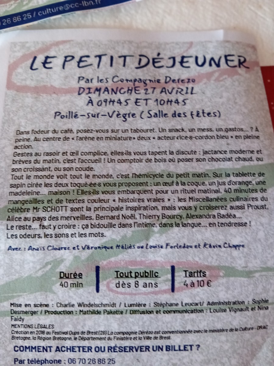 Spectacle autour d'un petit déjeuner ,suivi d'une randonnée en Sarthe ( organisé avec Françoise de Sablé)